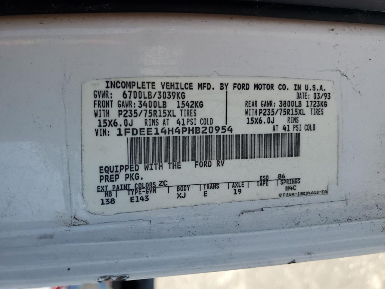 1993 Ford Econoline E150 Van VIN: 1FDEE14H4PHB20954 Lot: 66741664