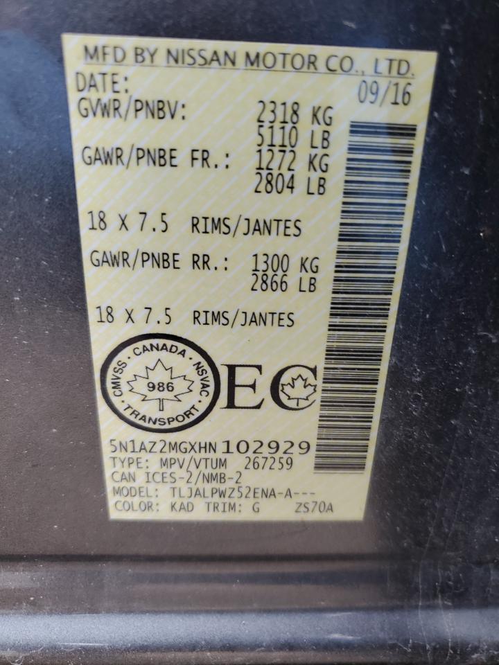2017 Nissan Murano S VIN: 5N1AZ2MGXHN102929 Lot: 66082764