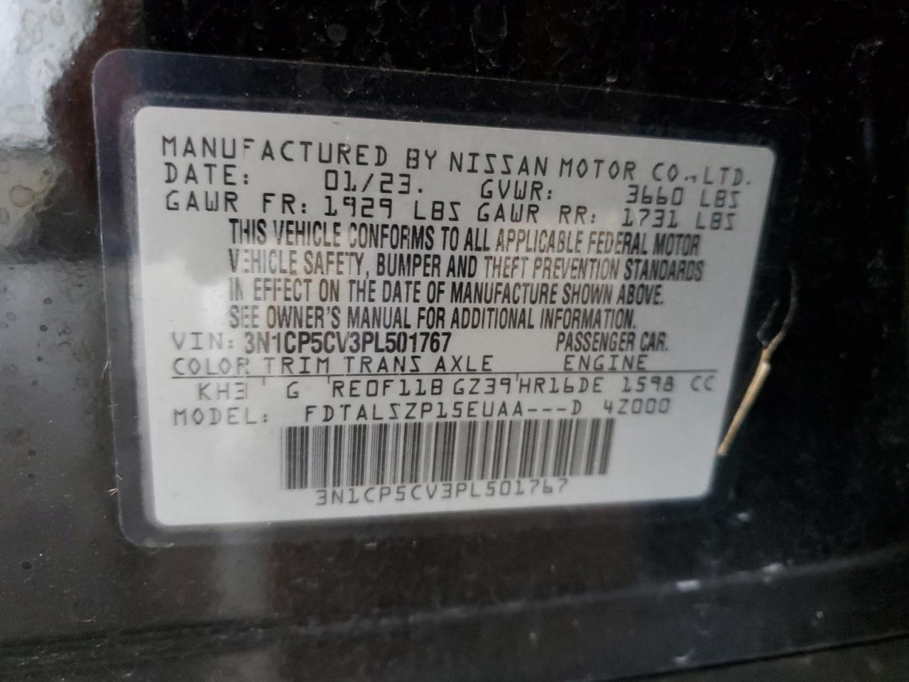 3N1CP5CV3PL501767 2023 Nissan Kicks Sv