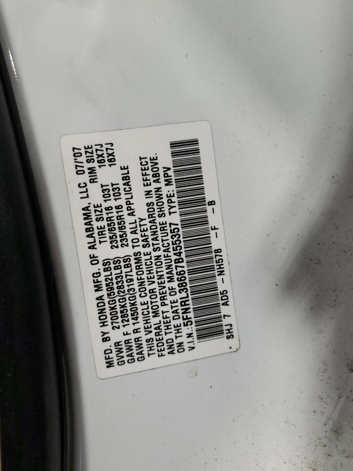 5FNRL38667B455357 2007 Honda Odyssey Exl