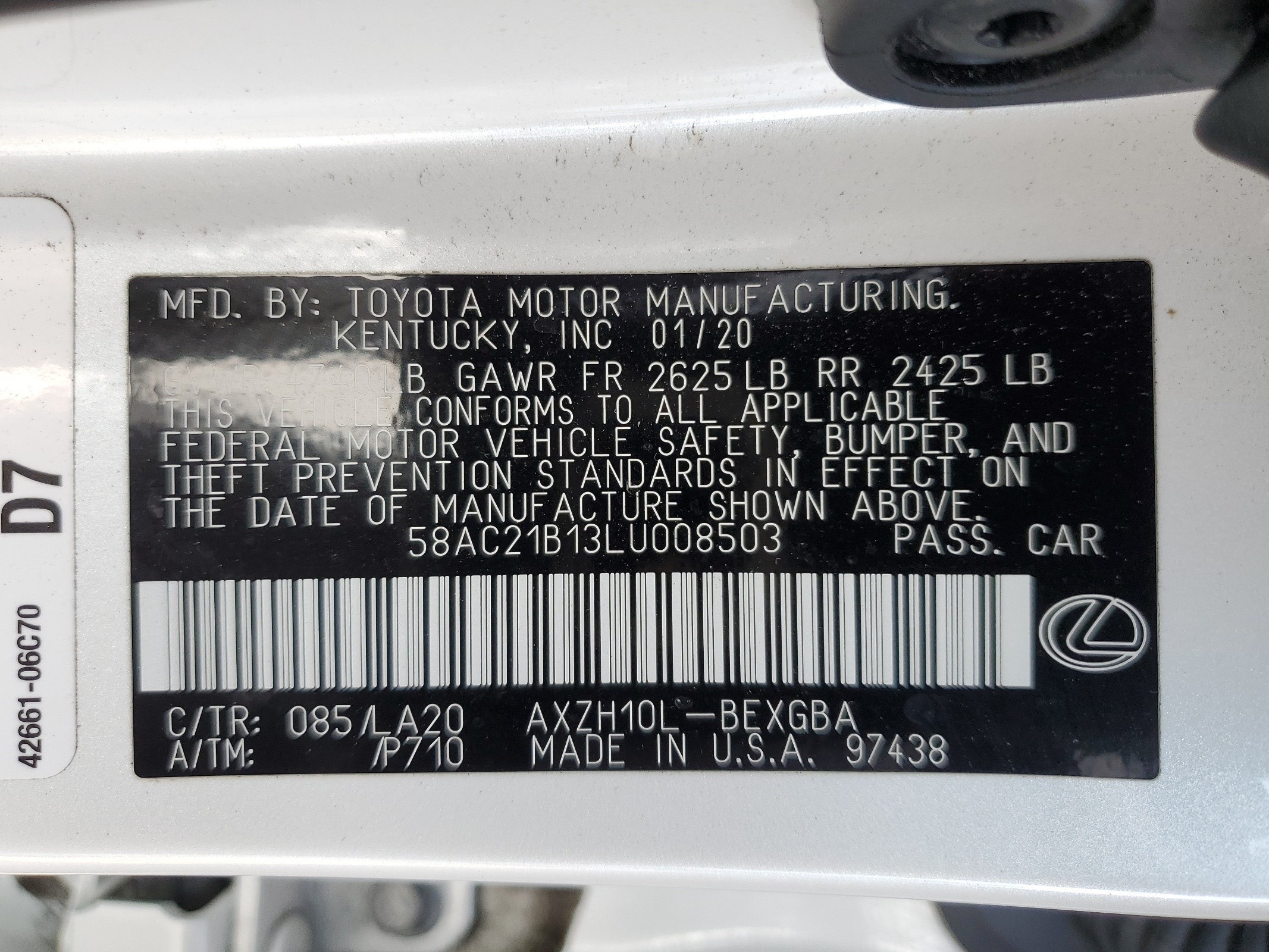 58AC21B13LU008503 2020 Lexus Es 300H Base