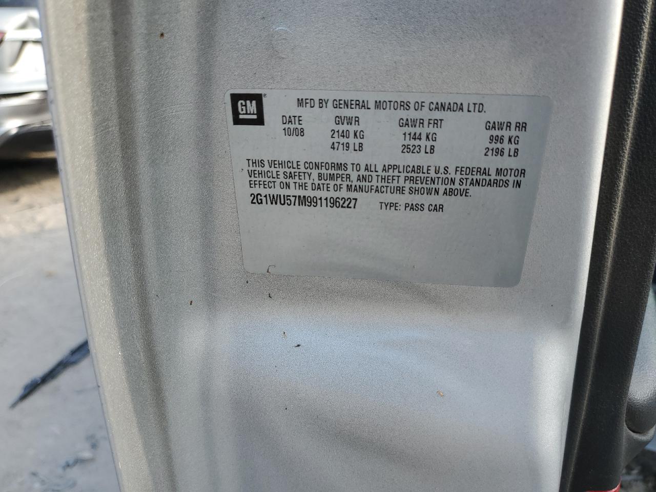 2009 Chevrolet Impala Ltz VIN: 2G1WU57M991196227 Lot: 67753334