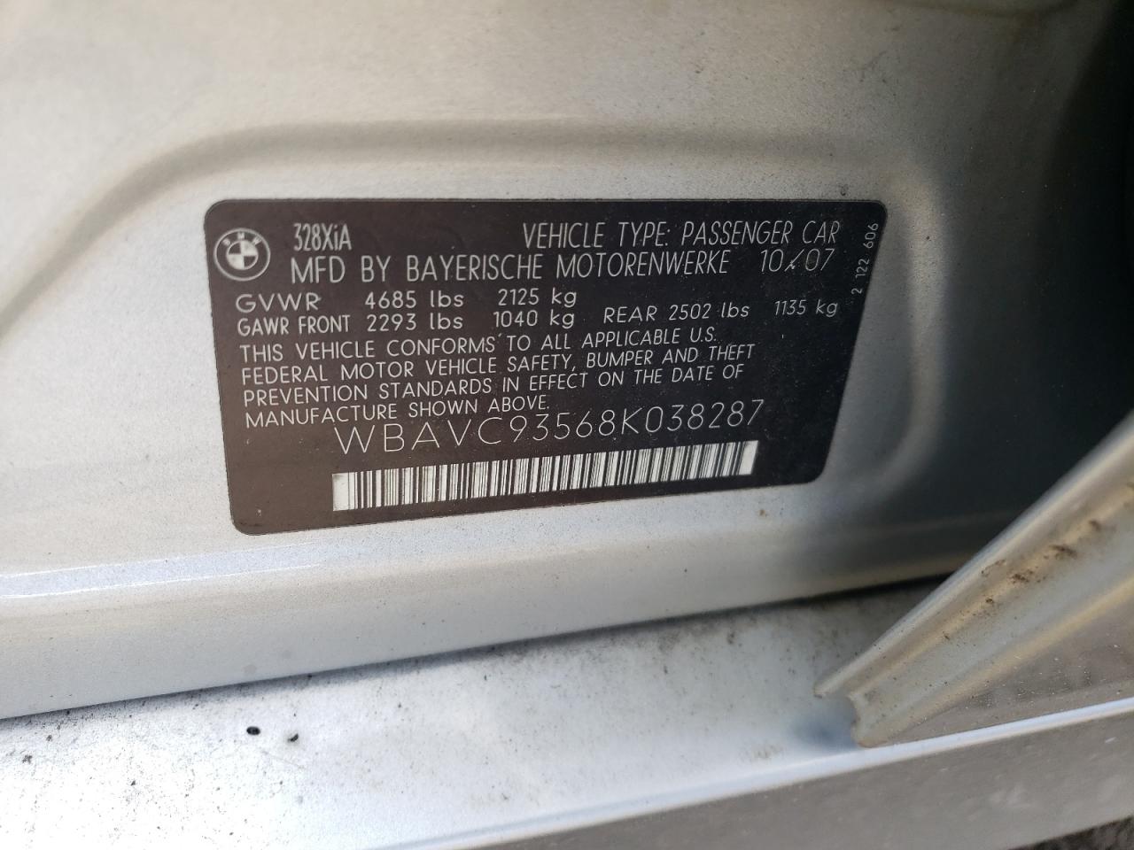 WBAVC93568K038287 2008 BMW 328 Xi