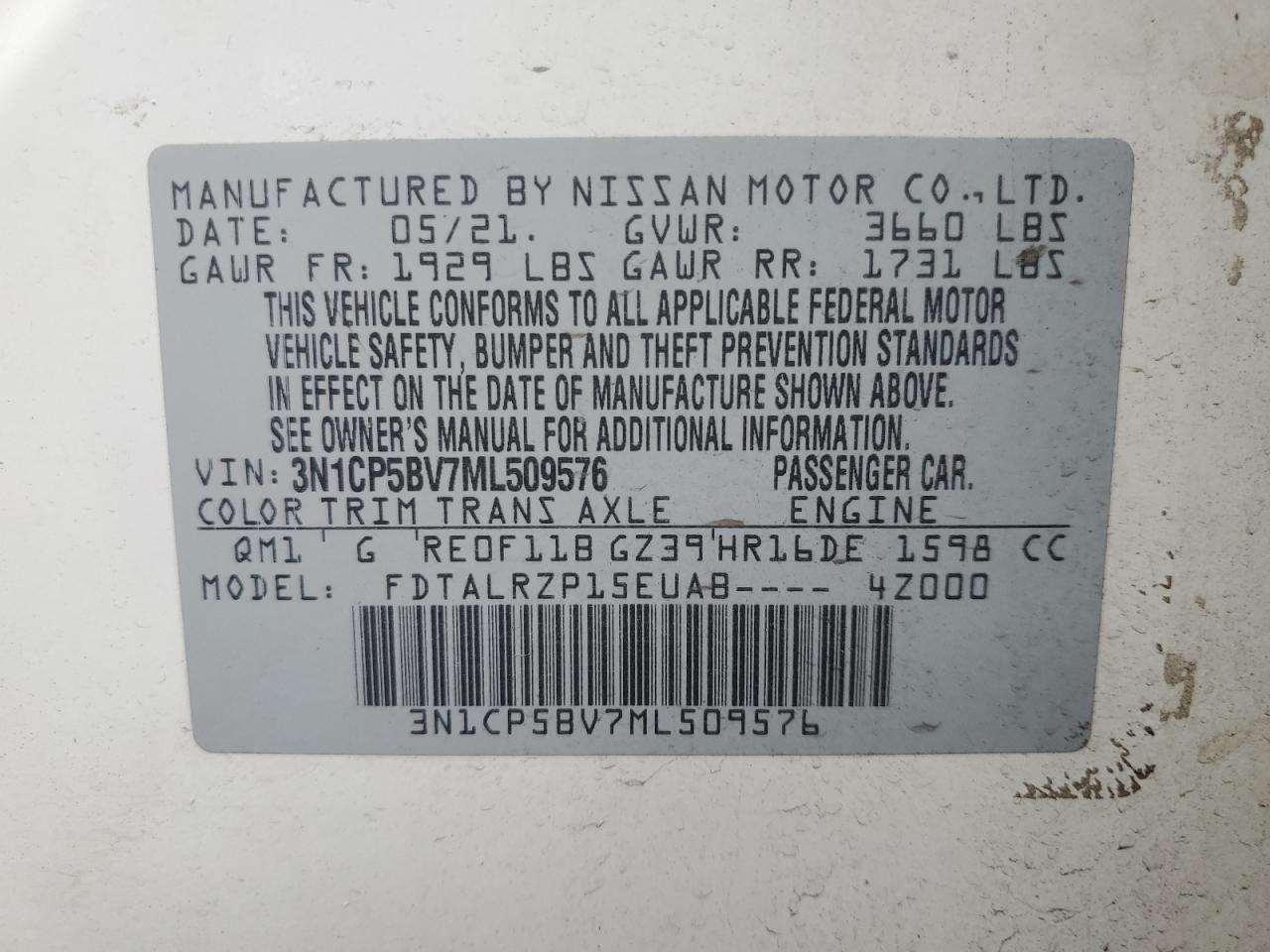 3N1CP5BV7ML509576 2021 Nissan Kicks S