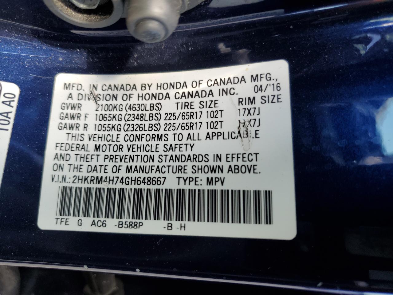 2016 Honda Cr-V Exl VIN: 2HKRM4H74GH648667 Lot: 67135924