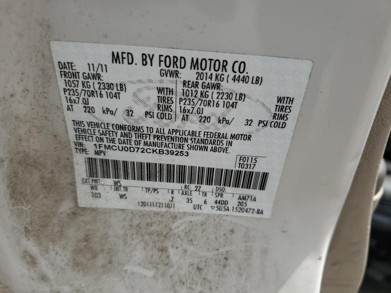 2012 Ford Escape Xlt VIN: 1FMCU0D72CKB39253 Lot: 66178354