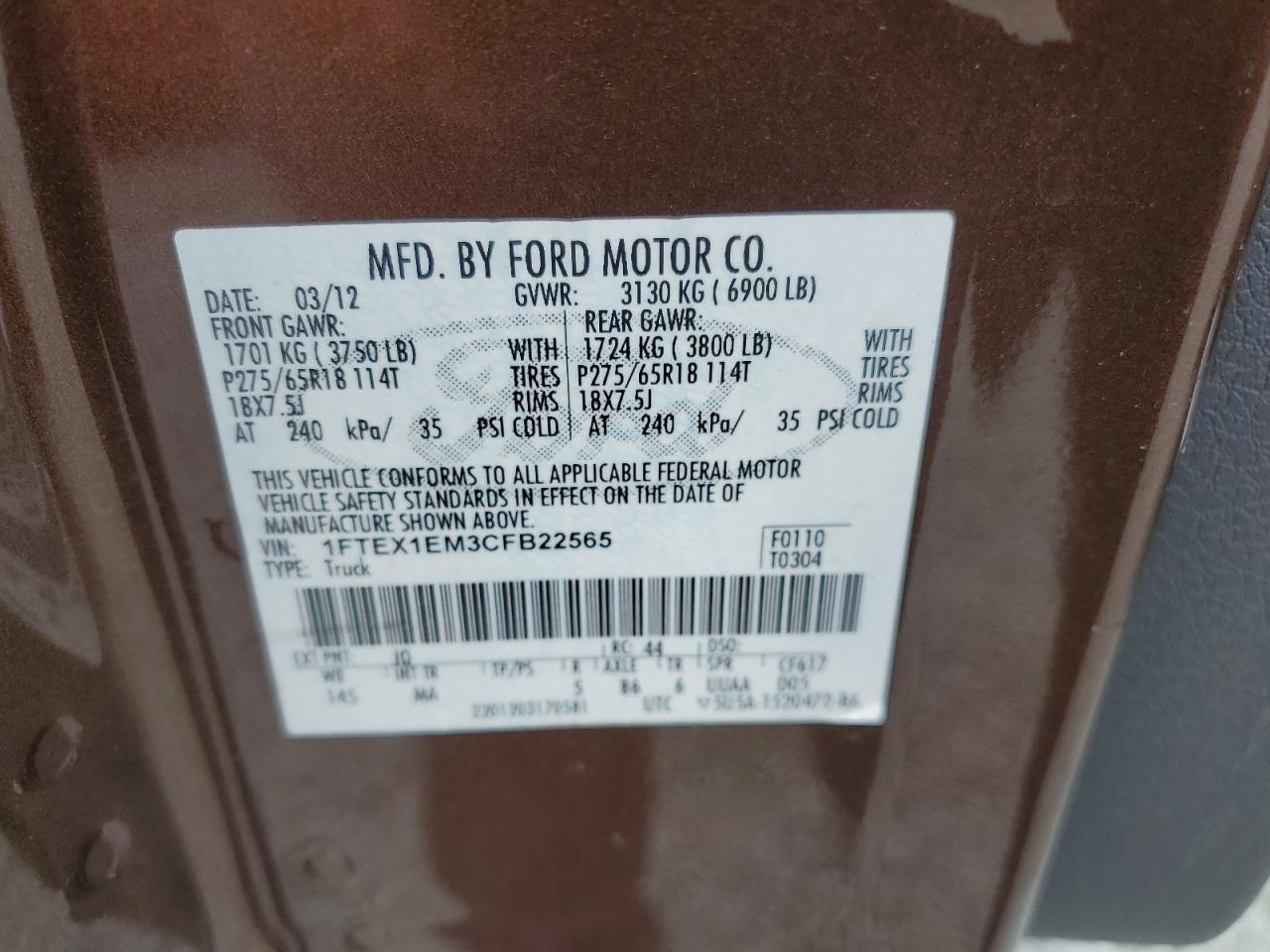 2012 Ford F150 Super Cab VIN: 1FTEX1EM3CFB22565 Lot: 66167734