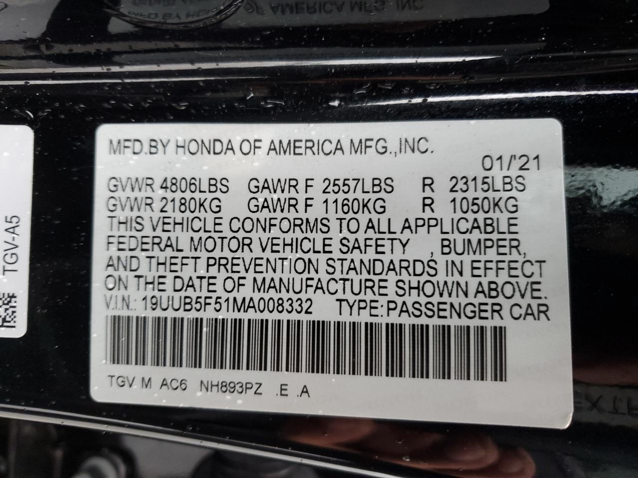 19UUB5F51MA008332 2021 Acura Tlx Tech A