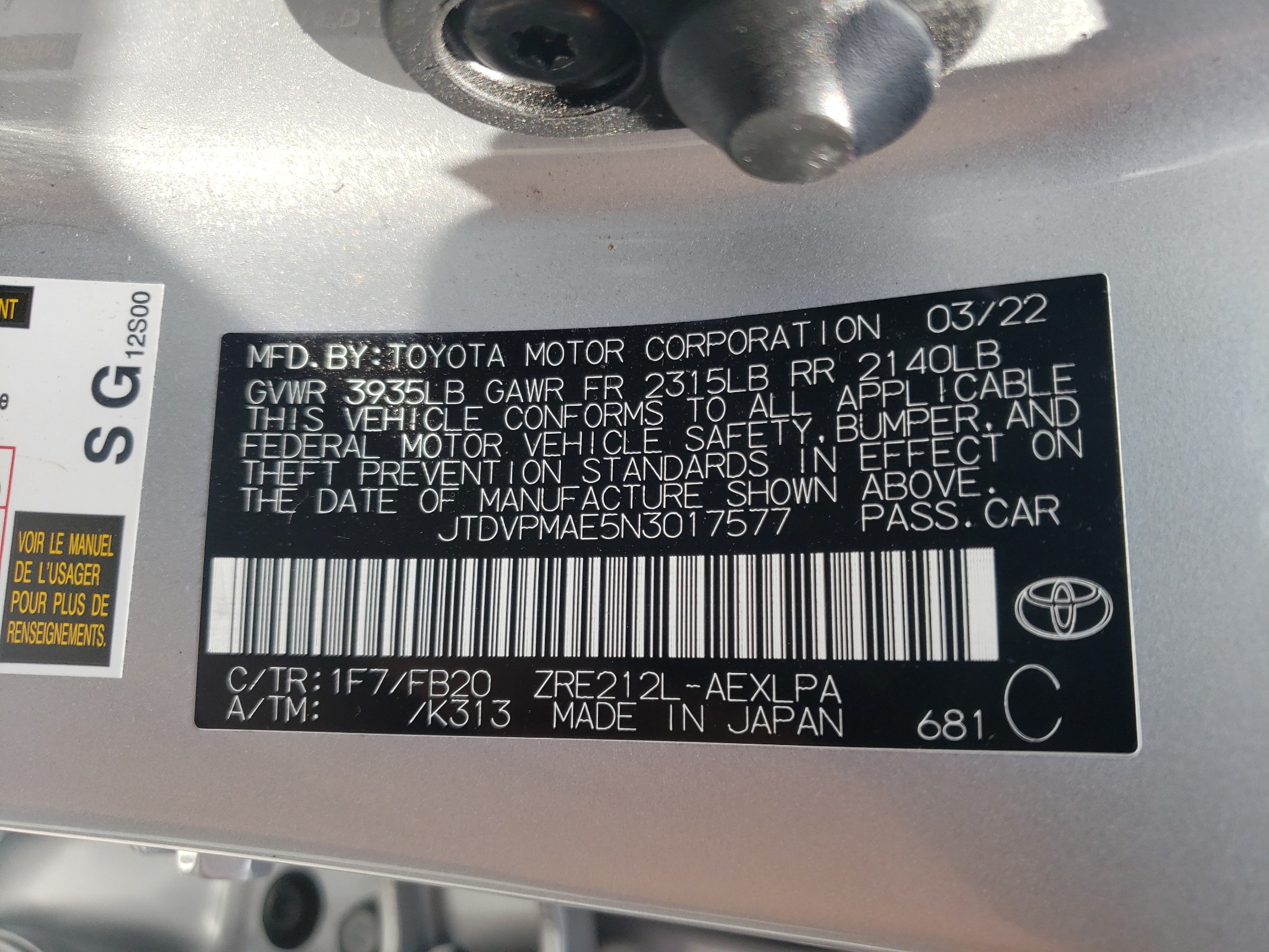 JTDVPMAE5N3017577 2022 Toyota Corolla Le