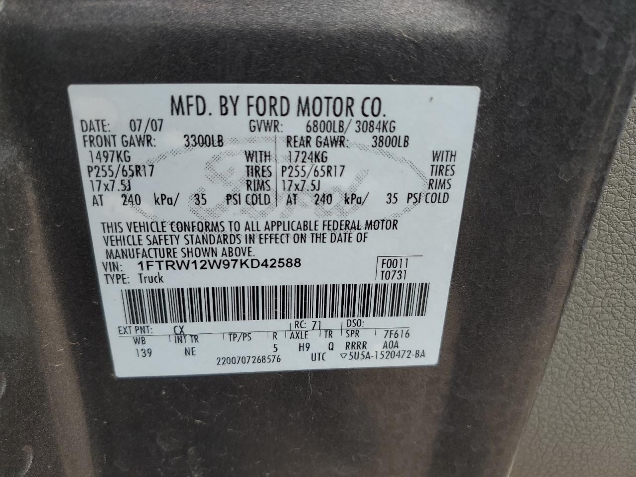 1FTRW12W97KD42588 2007 Ford F150 Supercrew