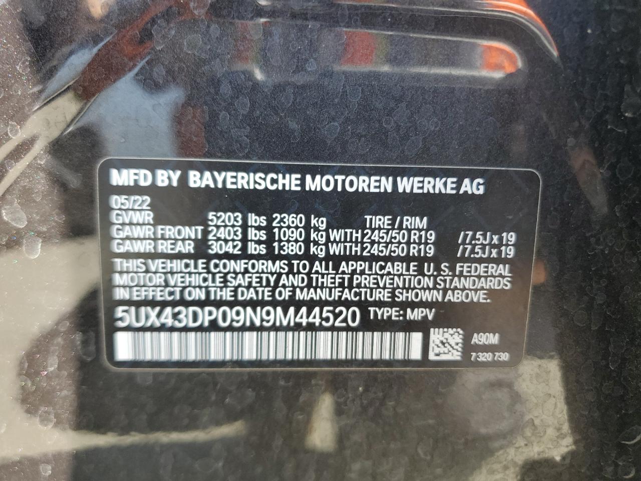 5UX43DP09N9M44520 2022 BMW X3 Sdrive30I