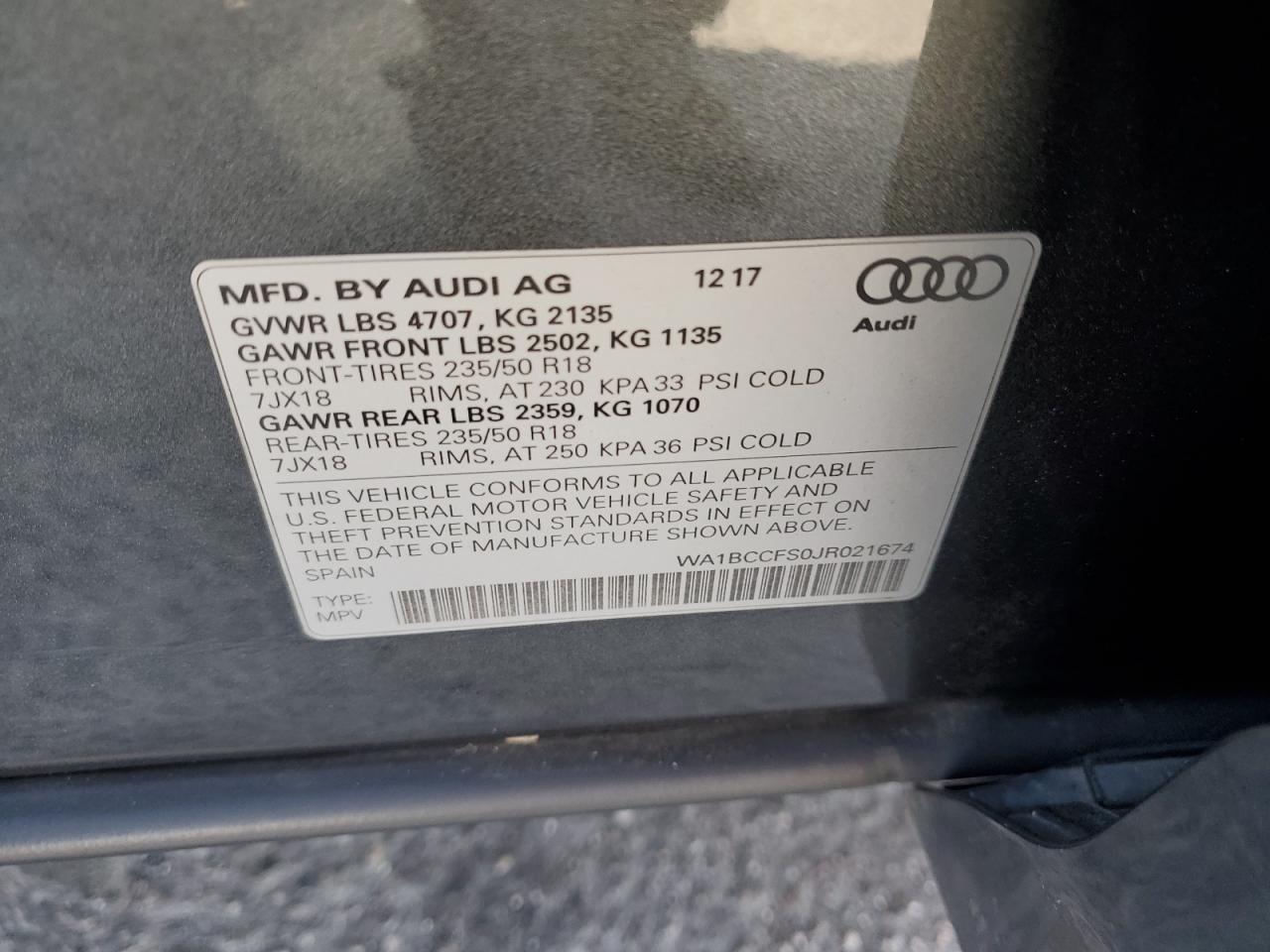 2018 Audi Q3 Premium VIN: WA1BCCFS0JR021674 Lot: 65240094