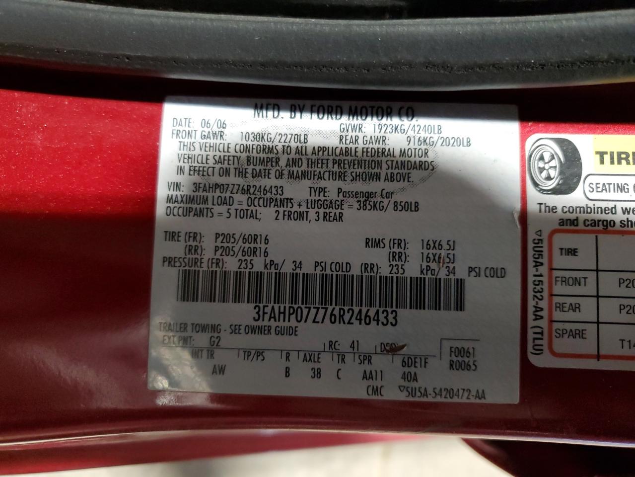 2006 Ford Fusion Se VIN: 3FAHP07Z76R246433 Lot: 66949454