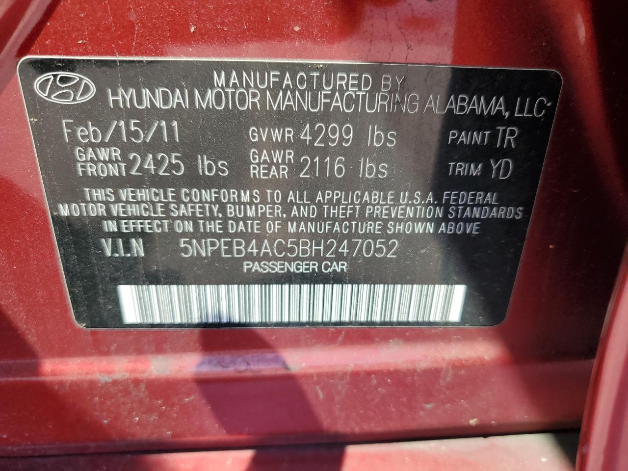 5NPEB4AC5BH247052 2011 Hyundai Sonata Gls