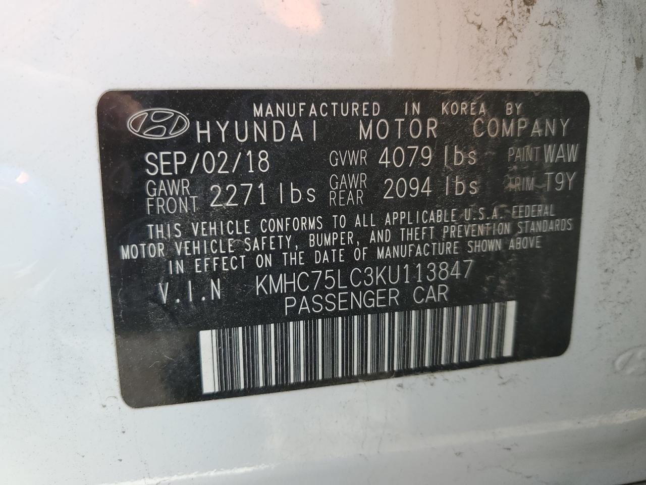 KMHC75LC3KU113847 2019 Hyundai Ioniq Sel