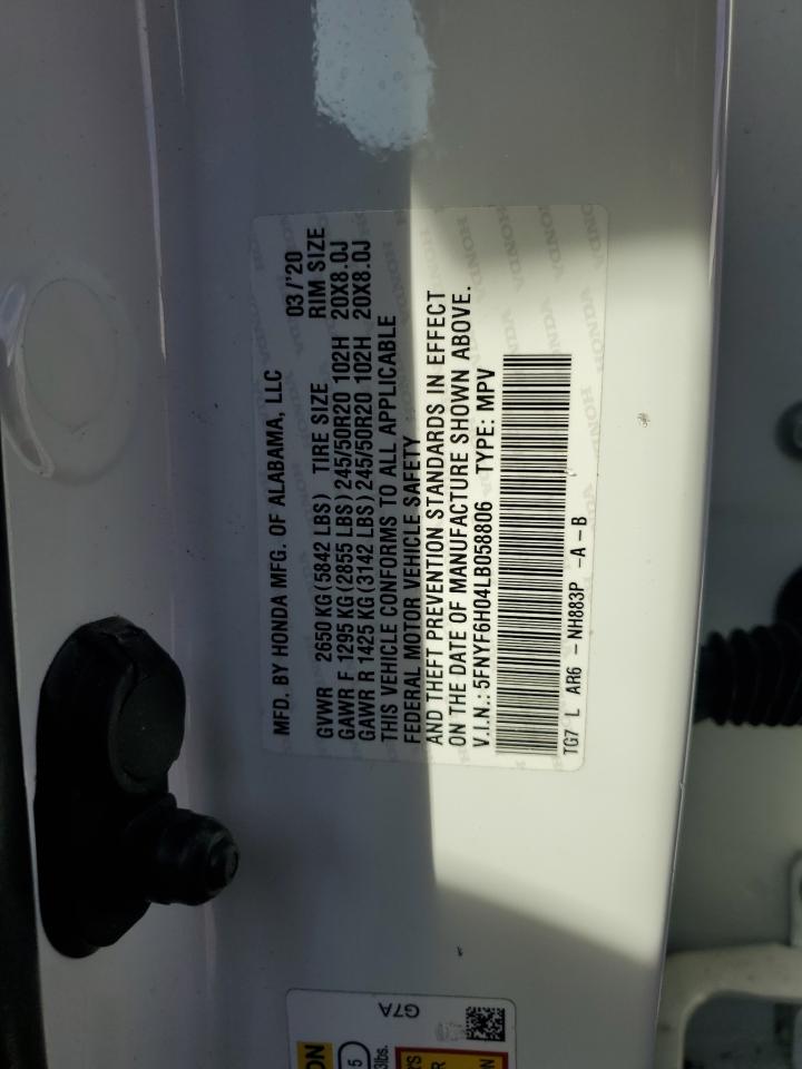 2020 Honda Pilot Elite VIN: 5FNYF6H04LB058806 Lot: 68786084