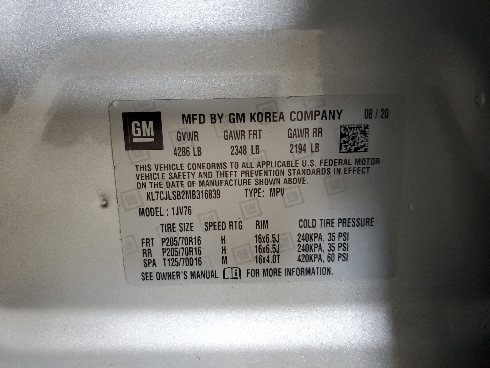 KL7CJLSB2MB316839 2021 Chevrolet Trax 1Lt