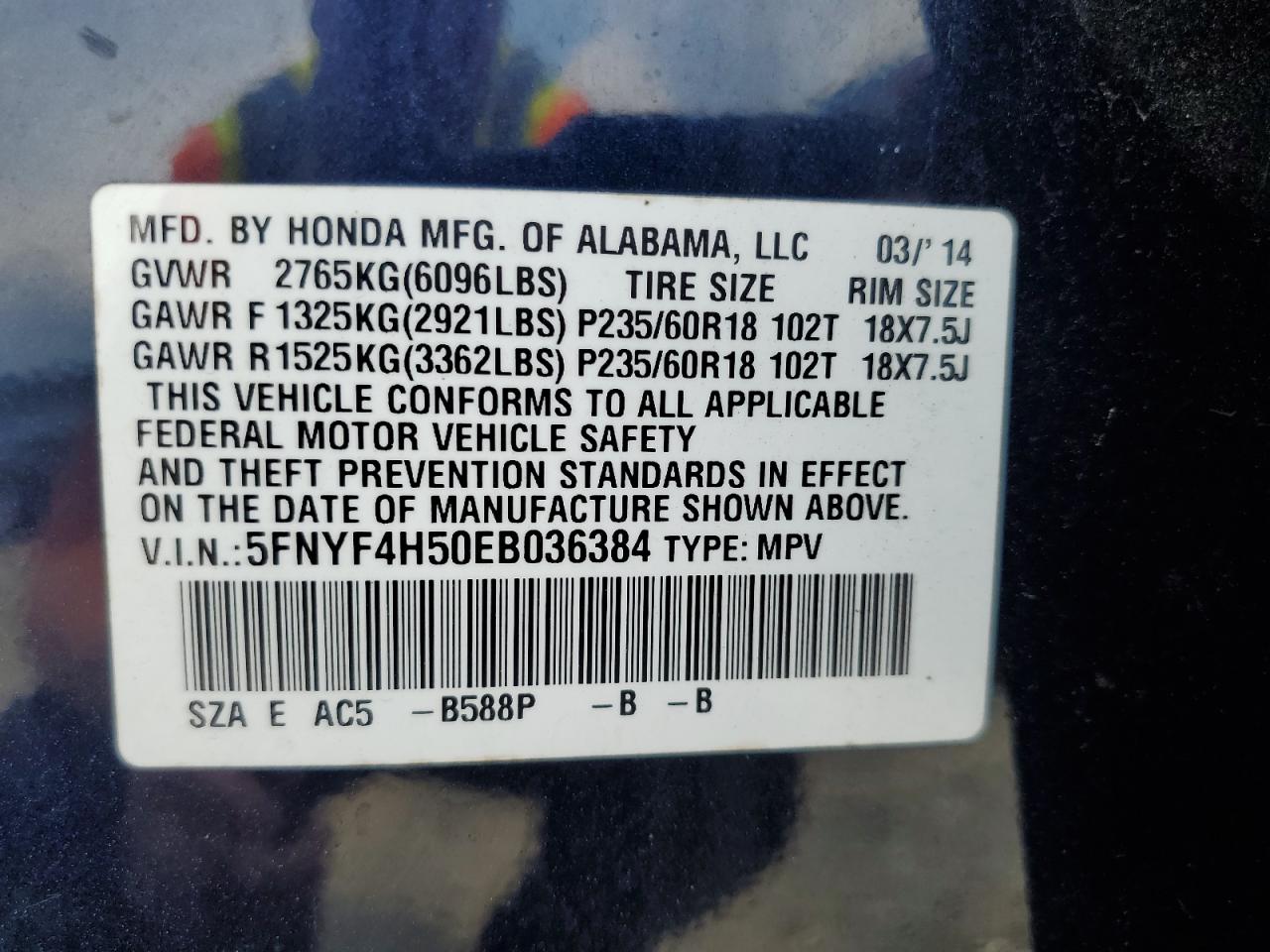 2014 Honda Pilot Exl VIN: 5FNYF4H50EB036384 Lot: 66304914