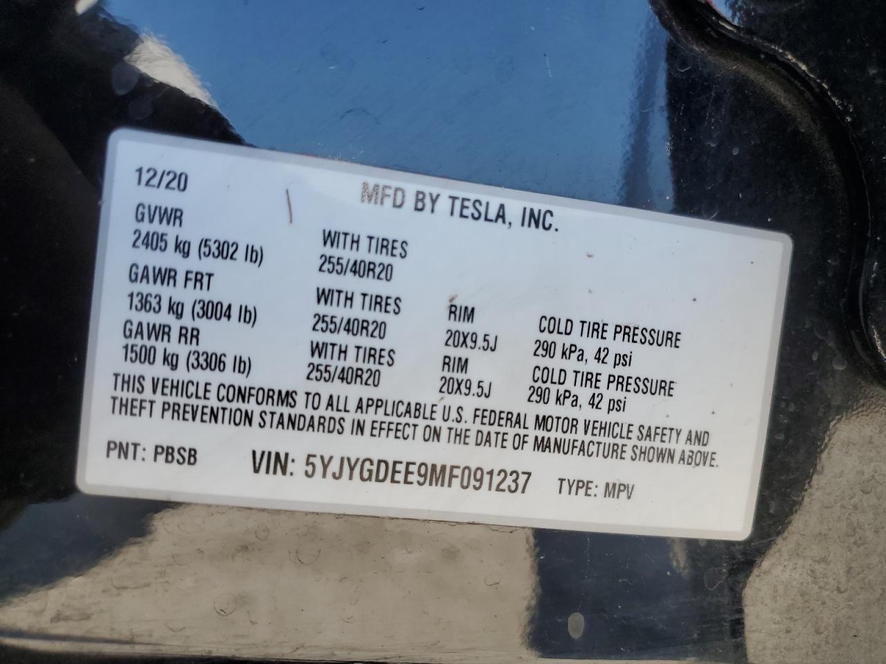 5YJYGDEE9MF091237 2021 Tesla Model Y