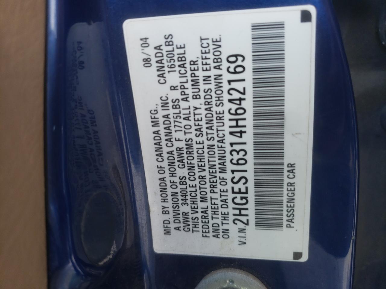 2004 Honda Civic Dx Vp VIN: 2HGES16314H642169 Lot: 68286264