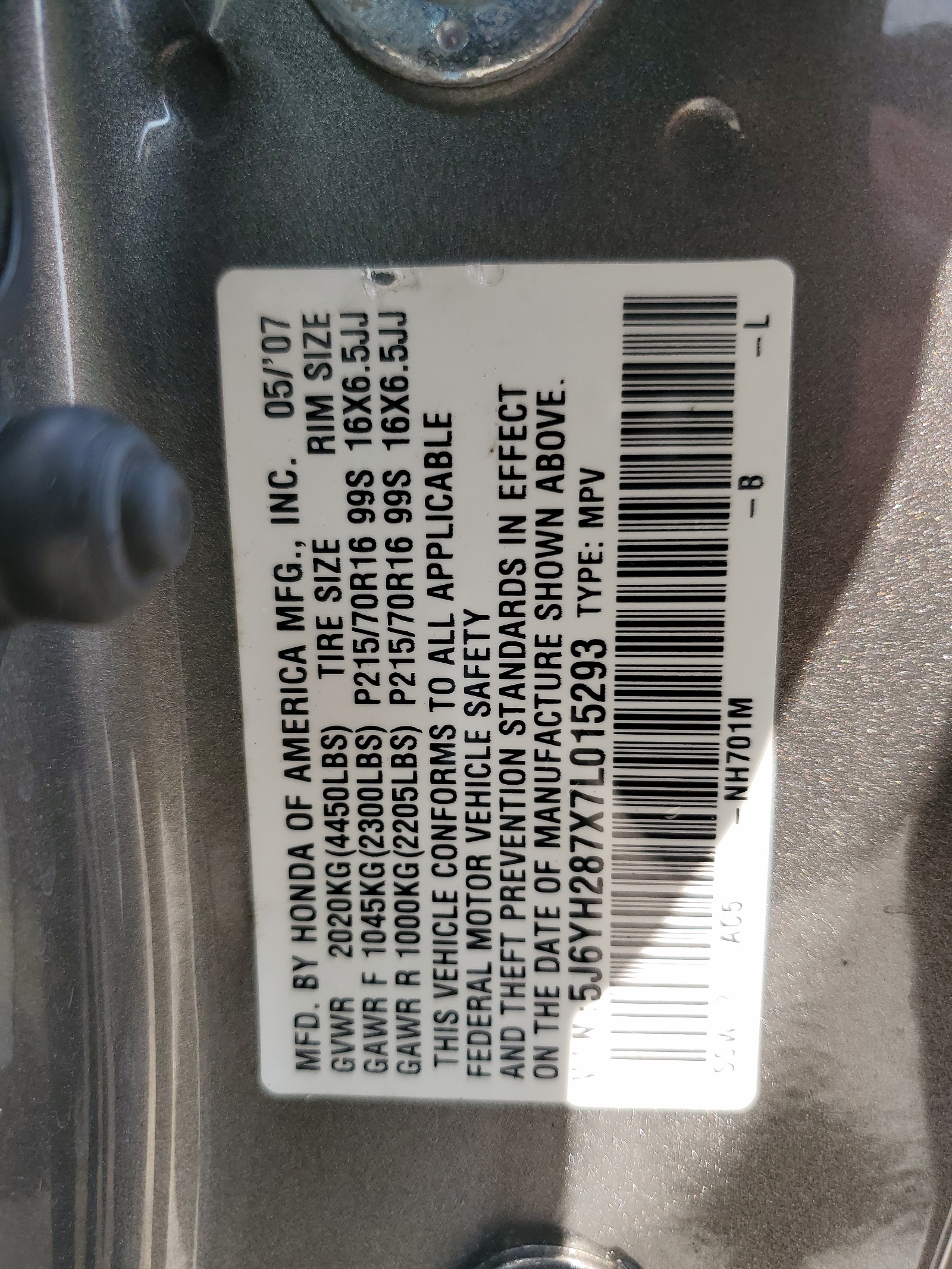 5J6YH287X7L015293 2007 Honda Element Ex