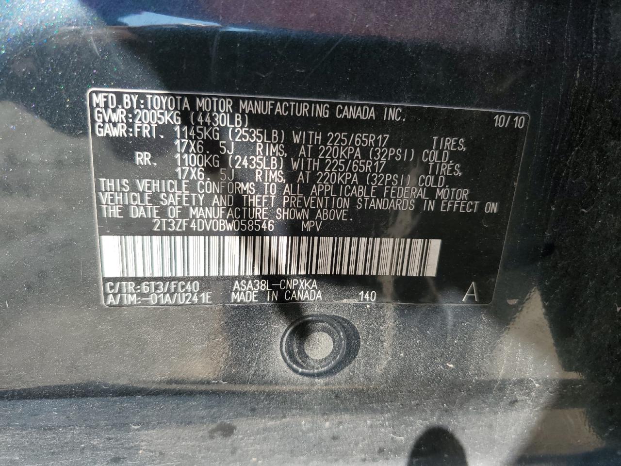 2011 Toyota Rav4 VIN: 2T3ZF4DV0BW058546 Lot: 66756384