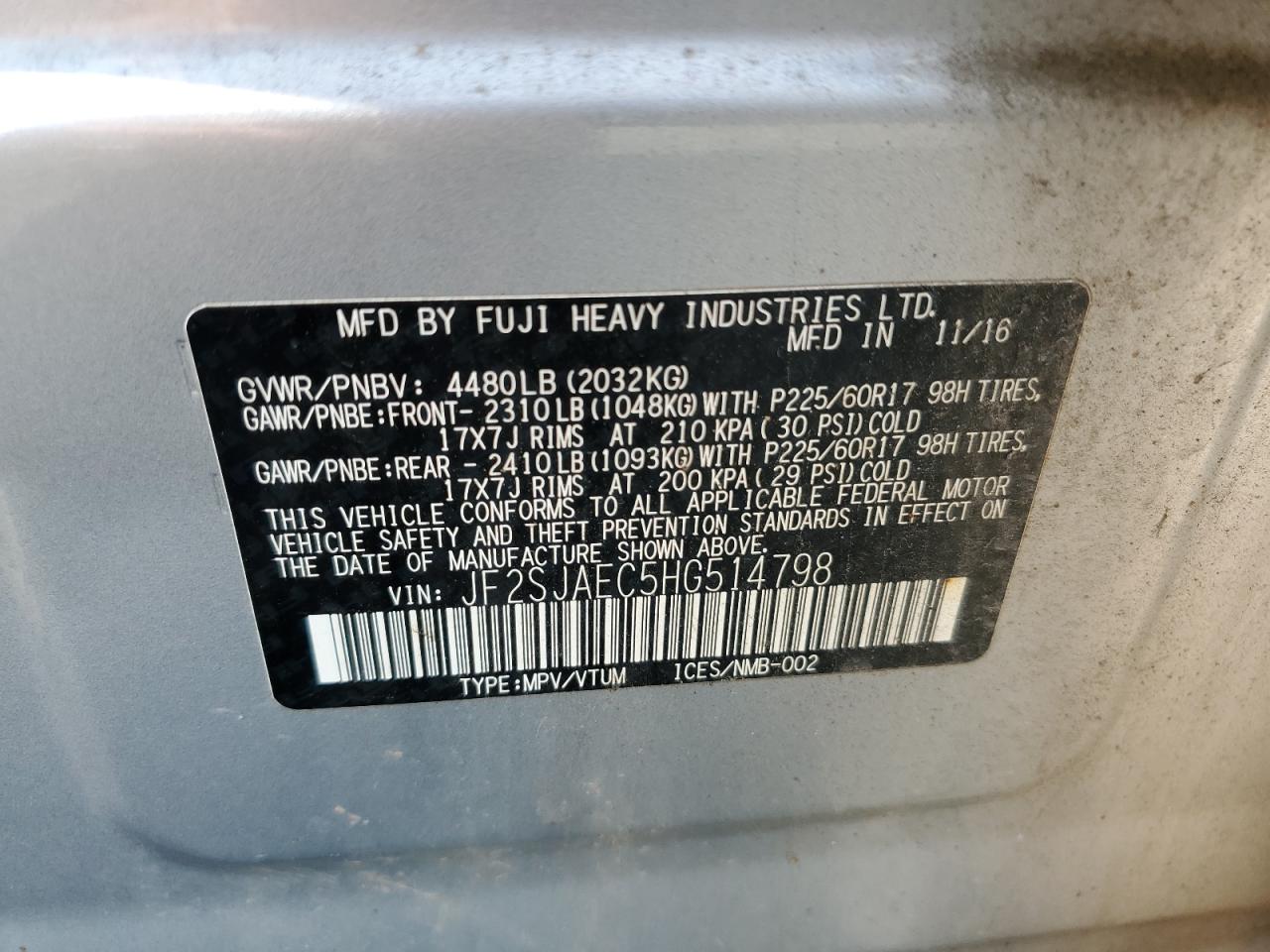 2017 Subaru Forester 2.5I Premium VIN: JF2SJAEC5HG514798 Lot: 65296564