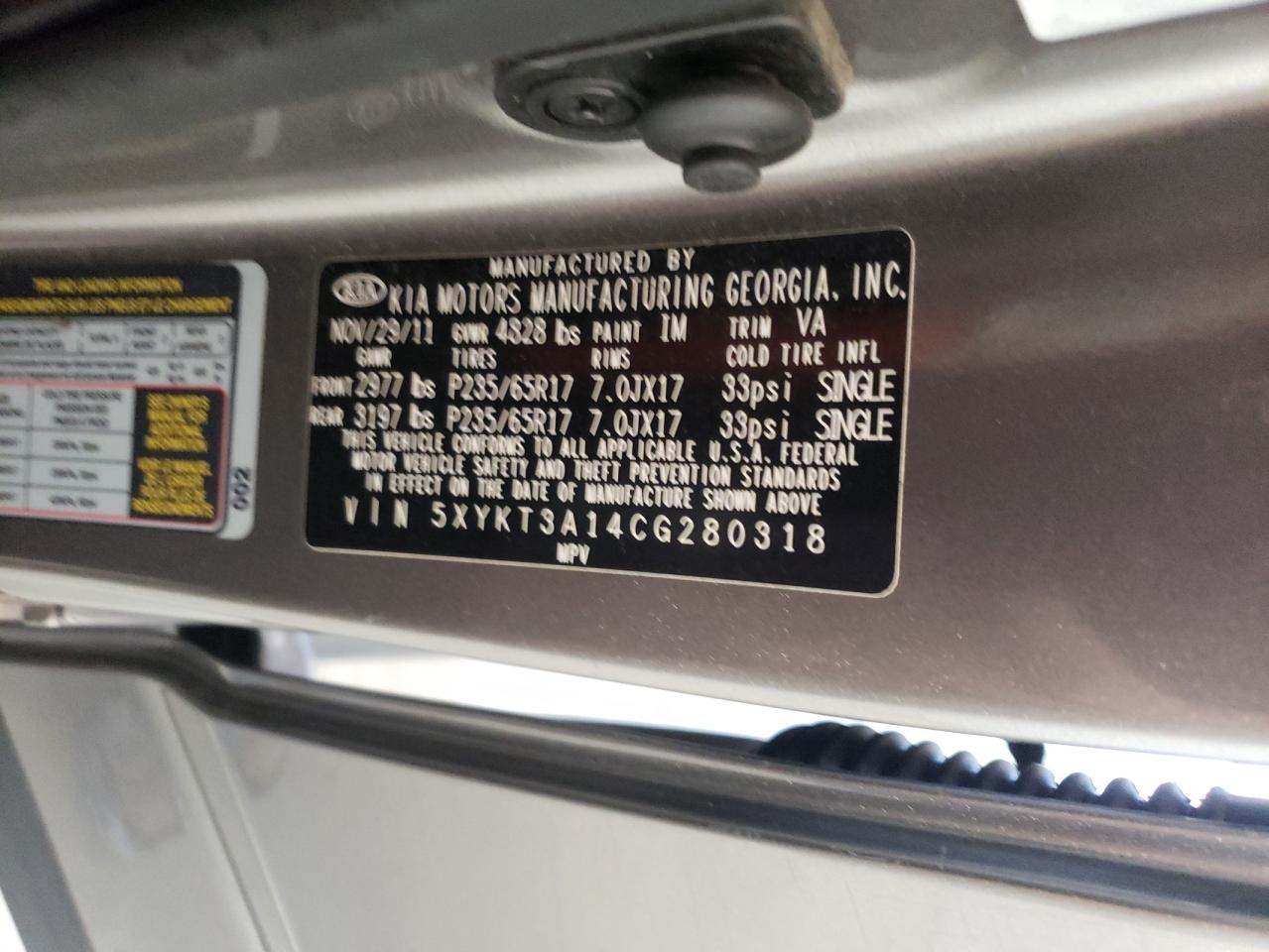 2012 Kia Sorento Base VIN: 5XYKT3A14CG280318 Lot: 67047034