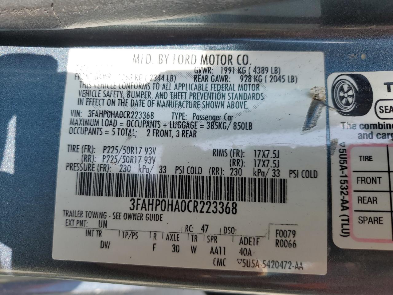 2012 Ford Fusion Se VIN: 3FAHP0HA0CR223368 Lot: 68425564