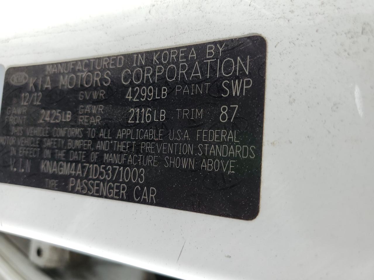 2013 Kia Optima Lx VIN: KNAGM4A71D5371003 Lot: 65864554