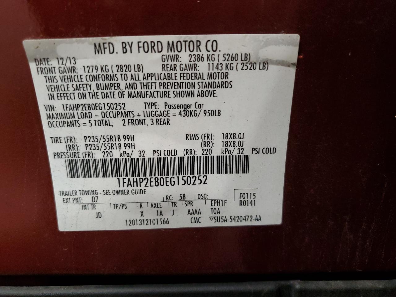 2014 Ford Taurus Sel VIN: 1FAHP2E80EG150252 Lot: 67505634