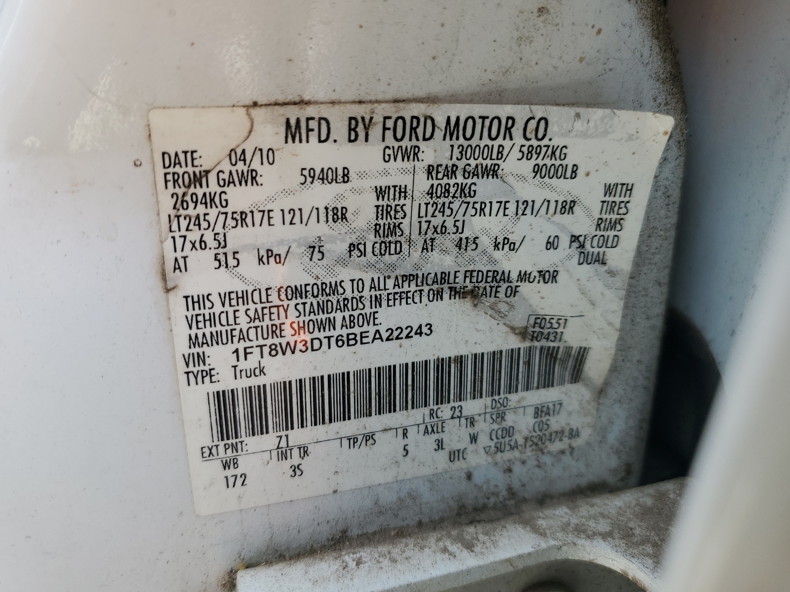 1FT8W3DT6BEA22243 2011 Ford F350 Super Duty