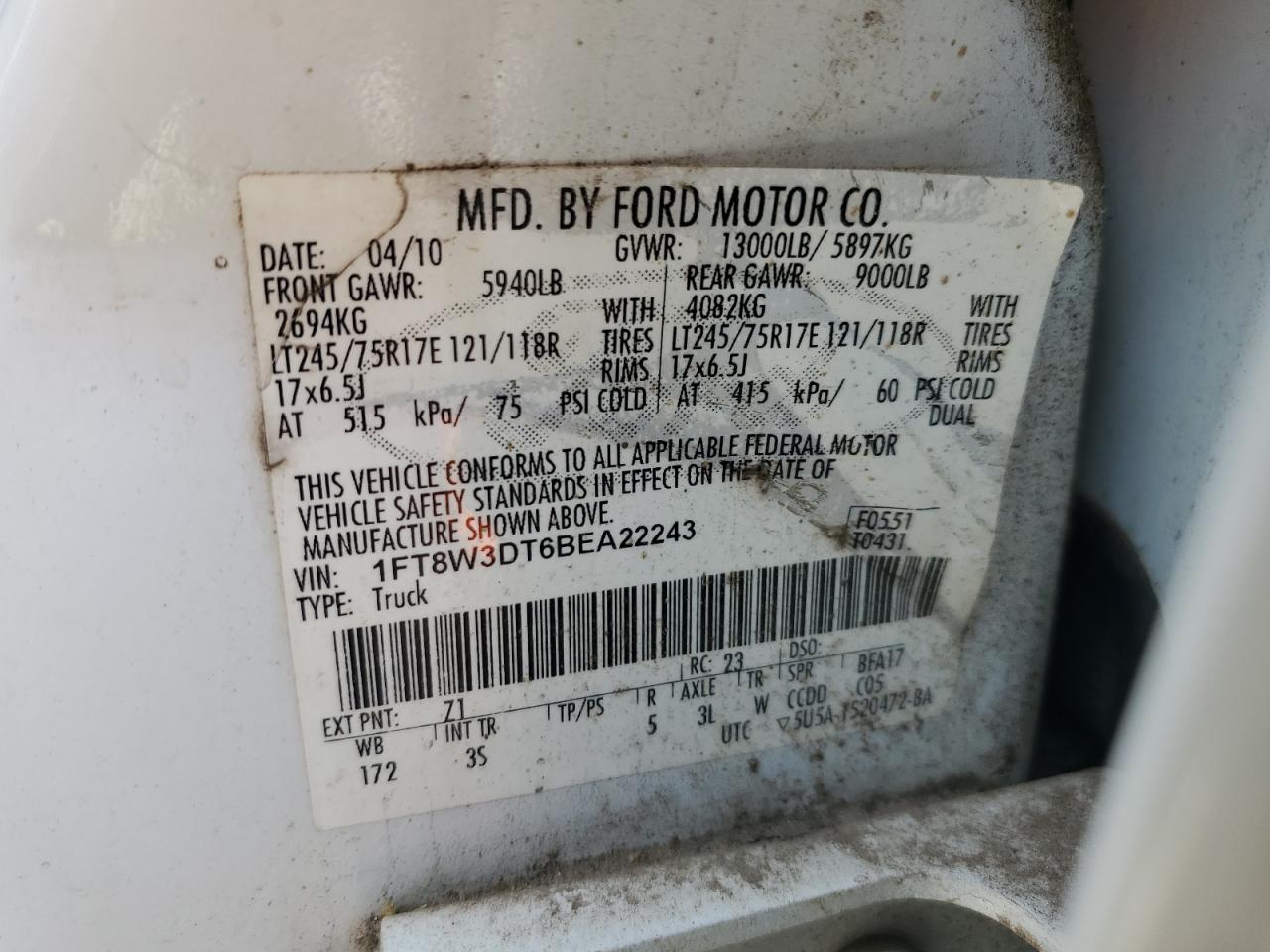 2011 Ford F350 Super Duty VIN: 1FT8W3DT6BEA22243 Lot: 64783054