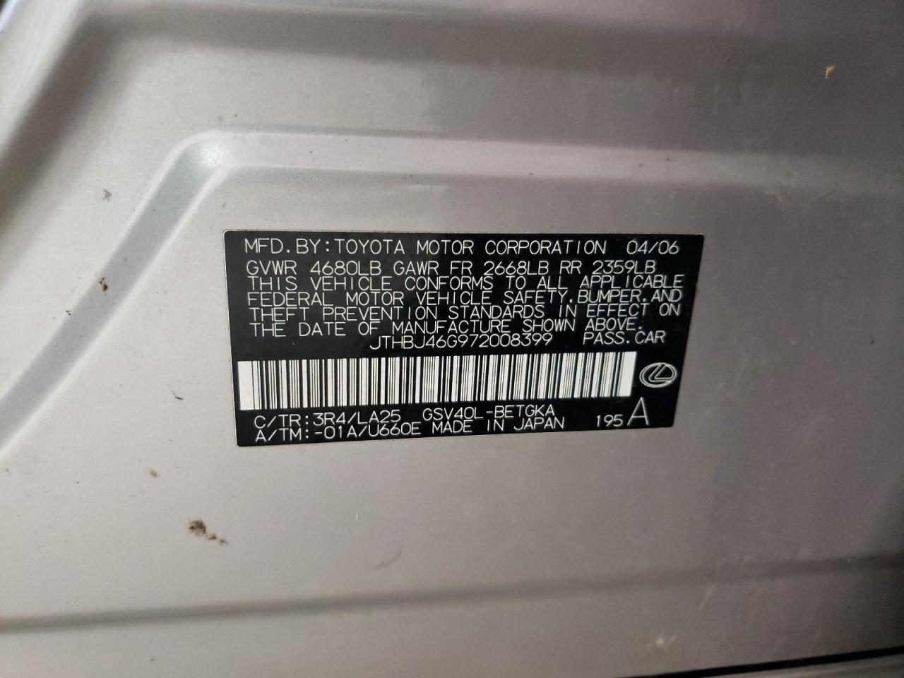 2007 Lexus Es 350 VIN: JTHBJ46G972008399 Lot: 68278014