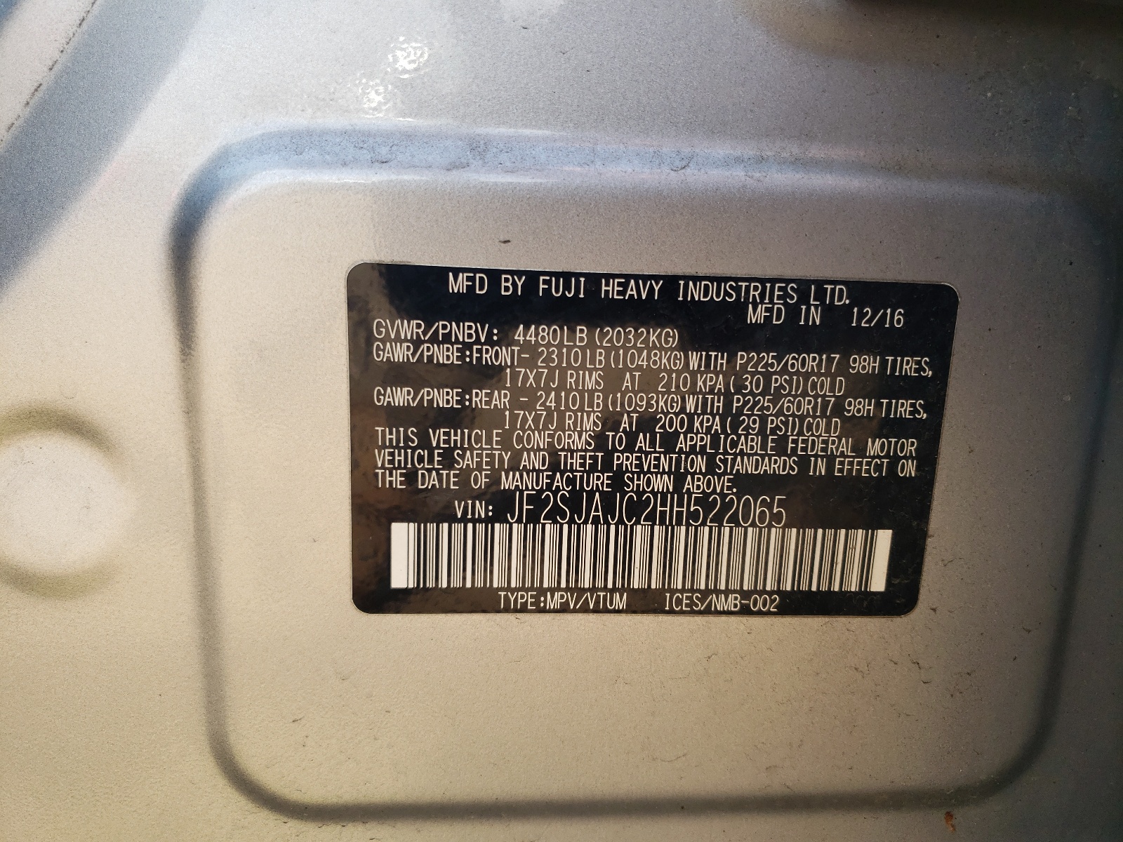 JF2SJAJC2HH522065 2017 Subaru Forester 2.5I Limited