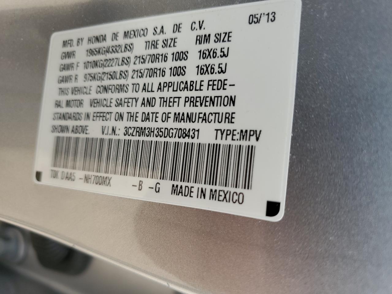 2013 Honda Cr-V Lx VIN: 3CZRM3H35DG708431 Lot: 65857494