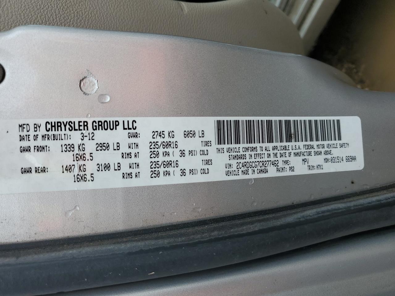 2012 Dodge Grand Caravan Sxt VIN: 2C4RDGCG7CR277462 Lot: 51563685