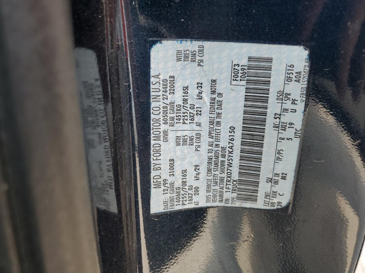 2000 Ford F150 VIN: 1FTRX07W5YKA76150 Lot: 66623884