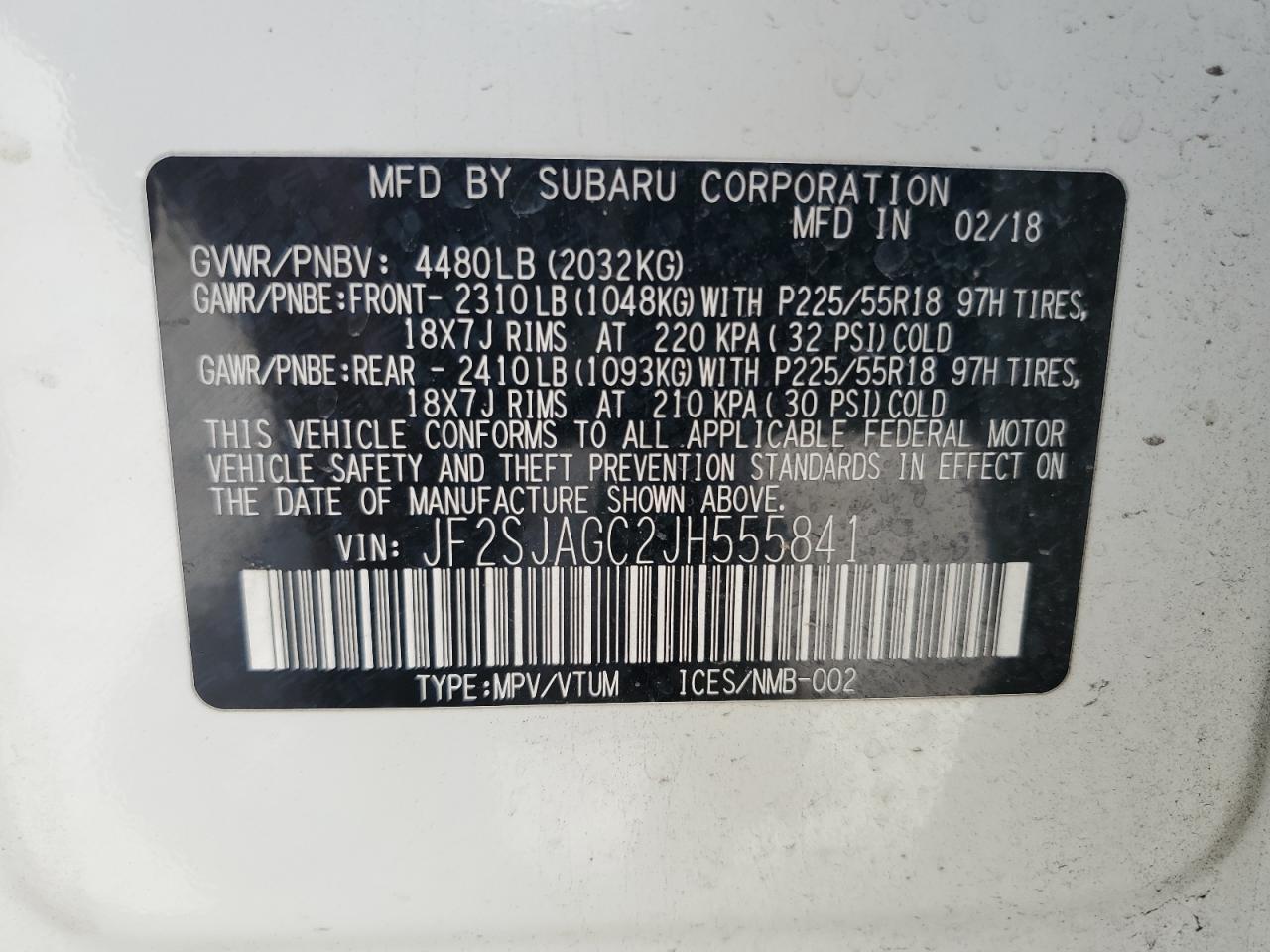 JF2SJAGC2JH555841 2018 Subaru Forester 2.5I Premium