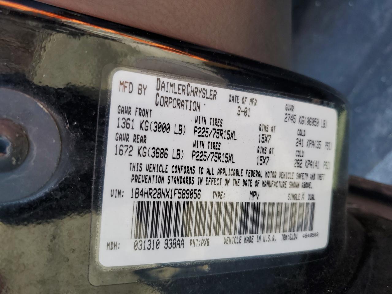 2001 Dodge Durango VIN: 1B4HR28NX1F589056 Lot: 68520104