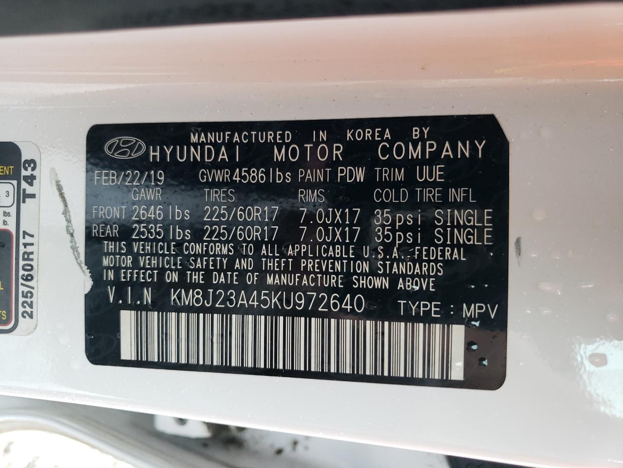 KM8J23A45KU972640 2019 Hyundai Tucson Se