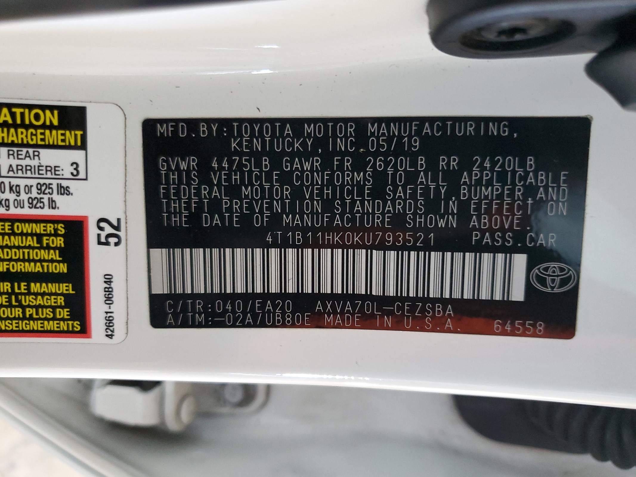 4T1B11HK0KU793521 2019 Toyota Camry L