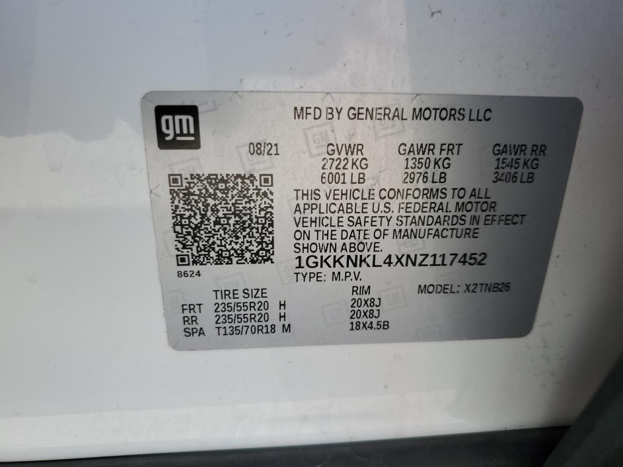 1GKKNKL4XNZ117452 2022 GMC Acadia Sle