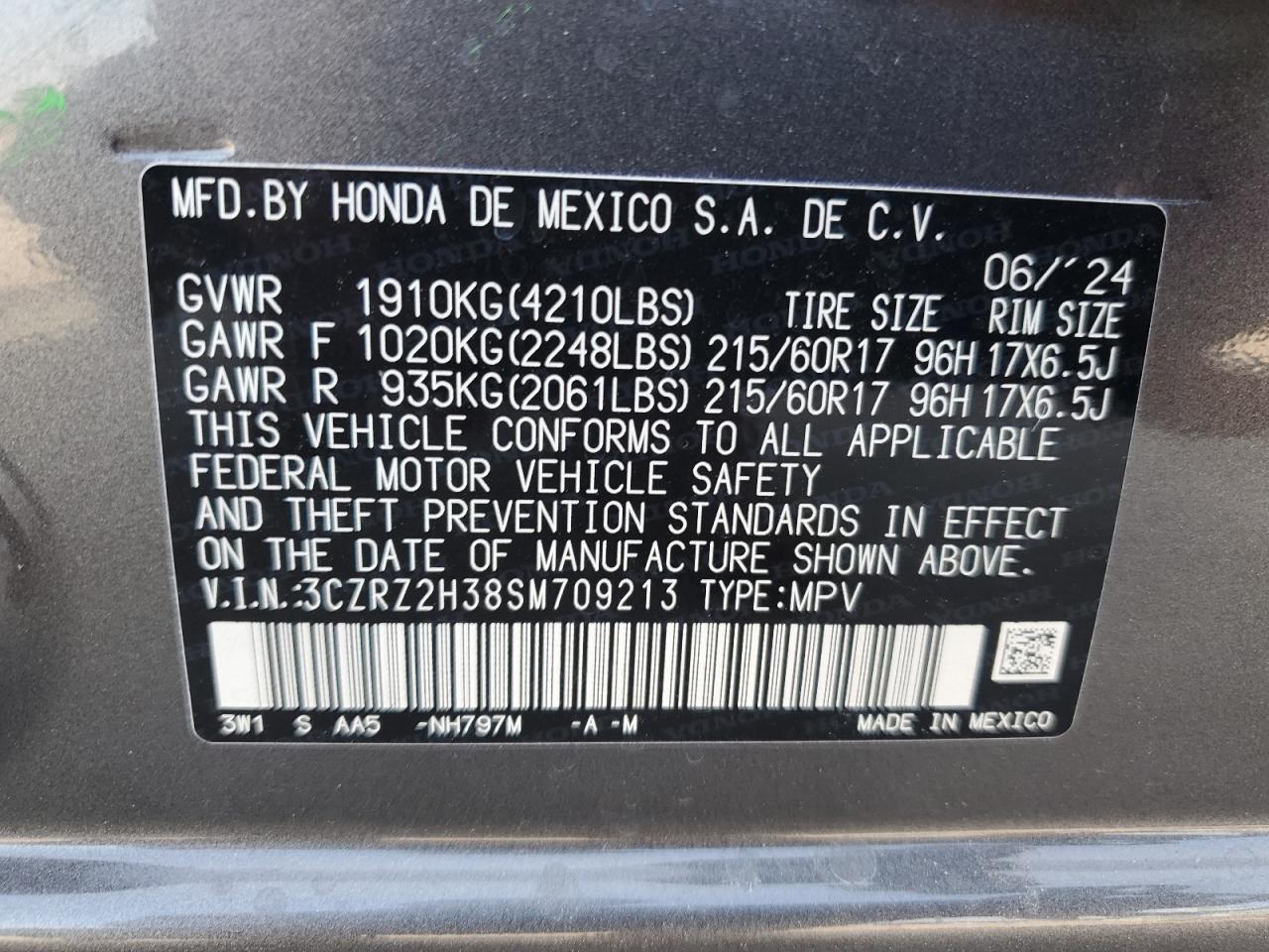 2025 Honda Hr-V Lx VIN: 3CZRZ2H38SM709213 Lot: 66677634