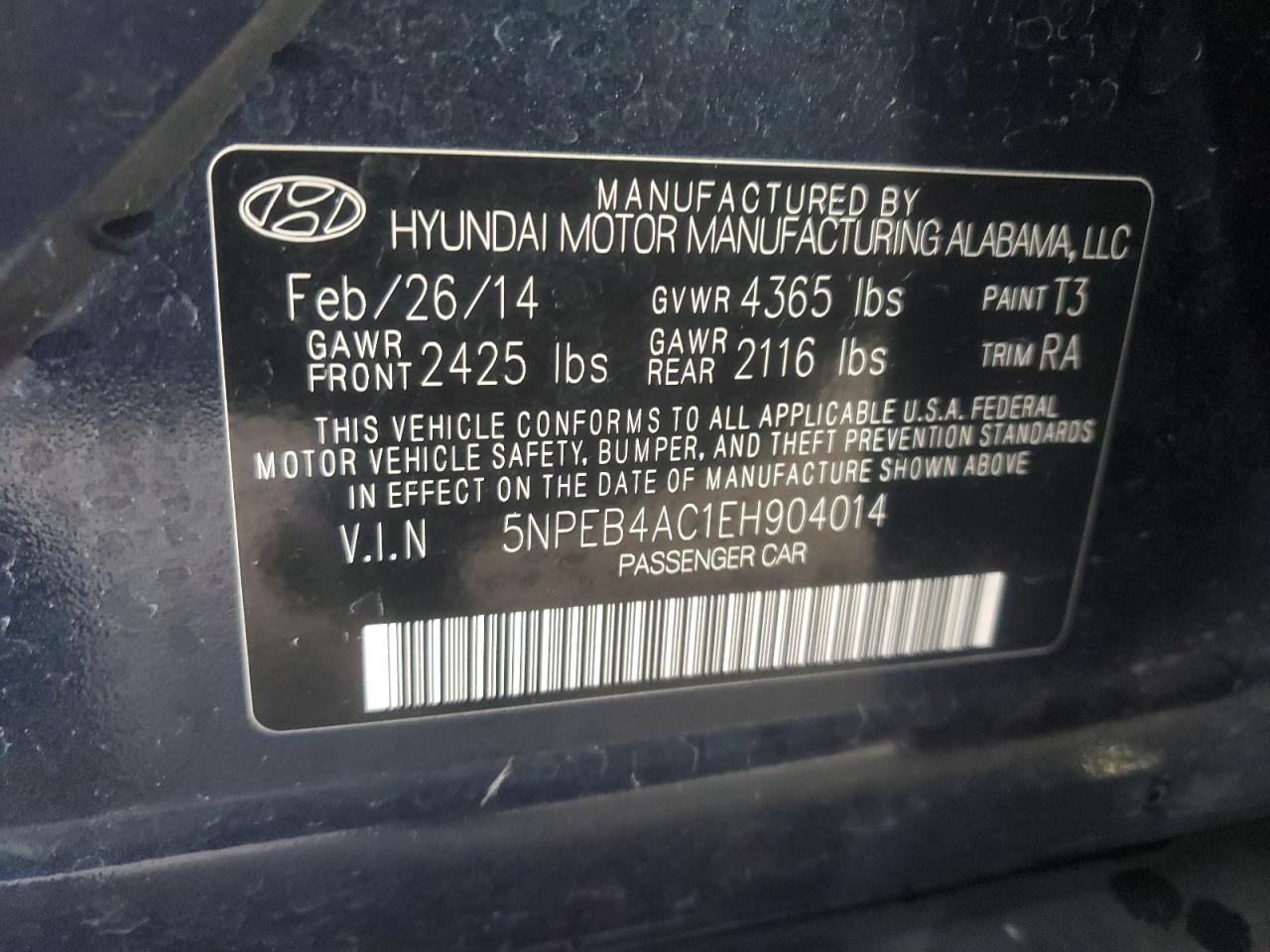 2014 Hyundai Sonata Gls VIN: 5NPEB4AC1EH904014 Lot: 67672894