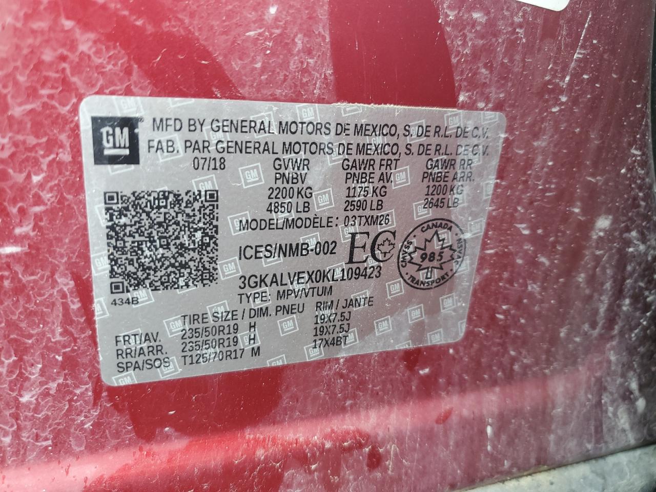 2019 GMC Terrain Slt VIN: 3GKALVEX0KL109423 Lot: 66422774