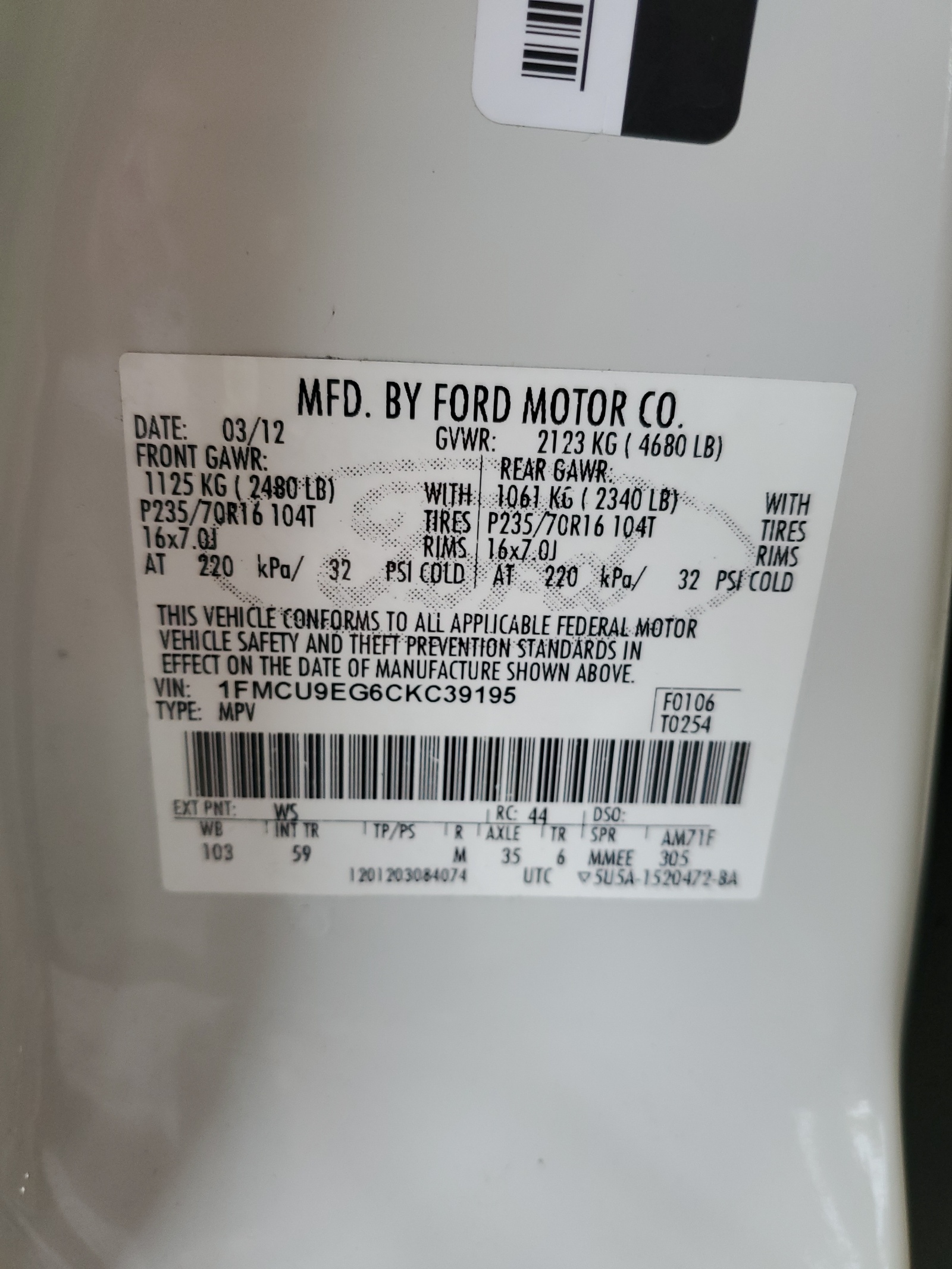 1FMCU9EG6CKC39195 2012 Ford Escape Limited