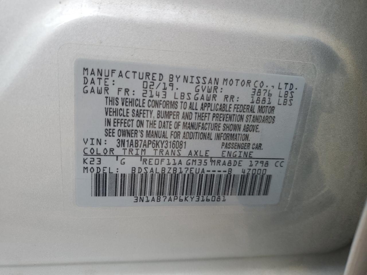 3N1AB7AP6KY316081 2019 Nissan Sentra S