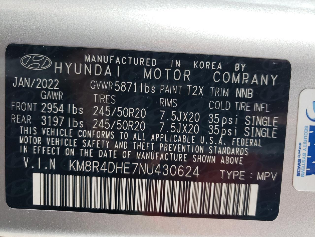 KM8R4DHE7NU430624 2022 Hyundai Palisade Sel