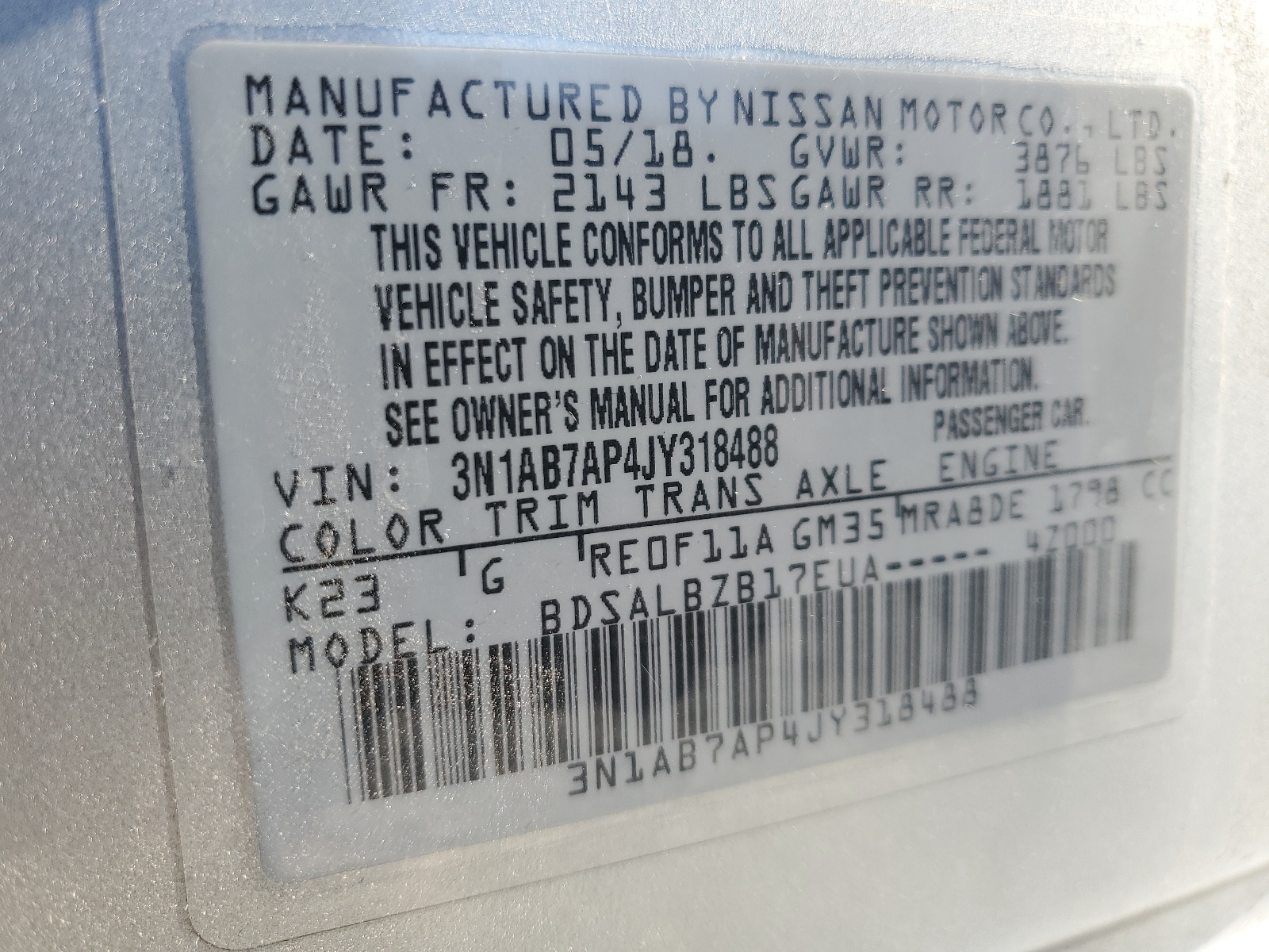 3N1AB7AP4JY318488 2018 Nissan Sentra S